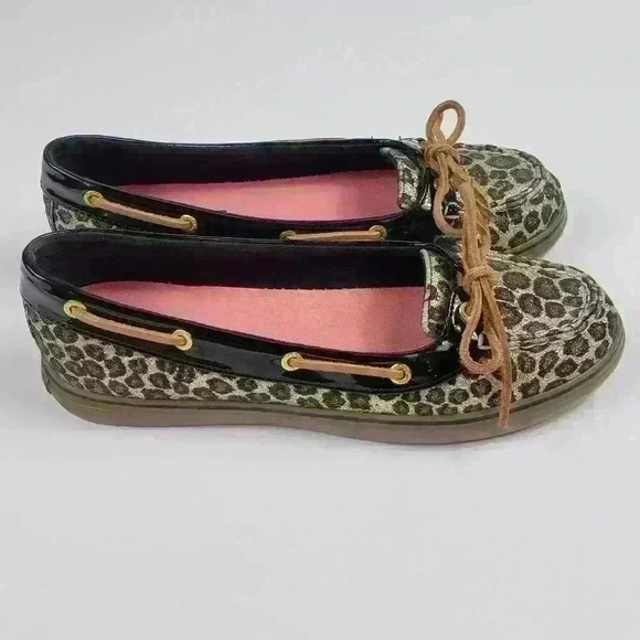 Sperry Top Sider Boat Shoes Sparkly Leopard Brown Black Raw Hide Lace Size 7.5M - Picture 9 of 16